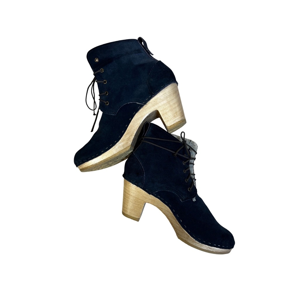No.6 Suede Clog Boots Women‎ 39 Navy Blue Good Shearling Lined Lace Up Wood Heel